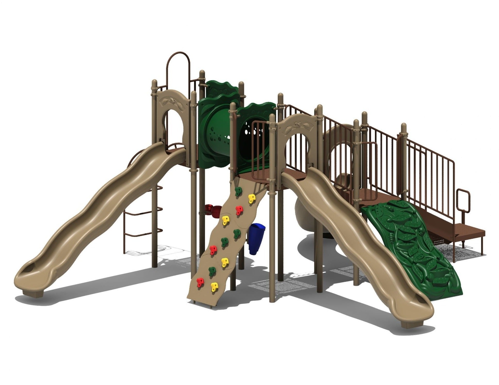Playground structure with two beige wave slides, climbing wall, green tunnel, and sensory play panels including drum and rain wheel
