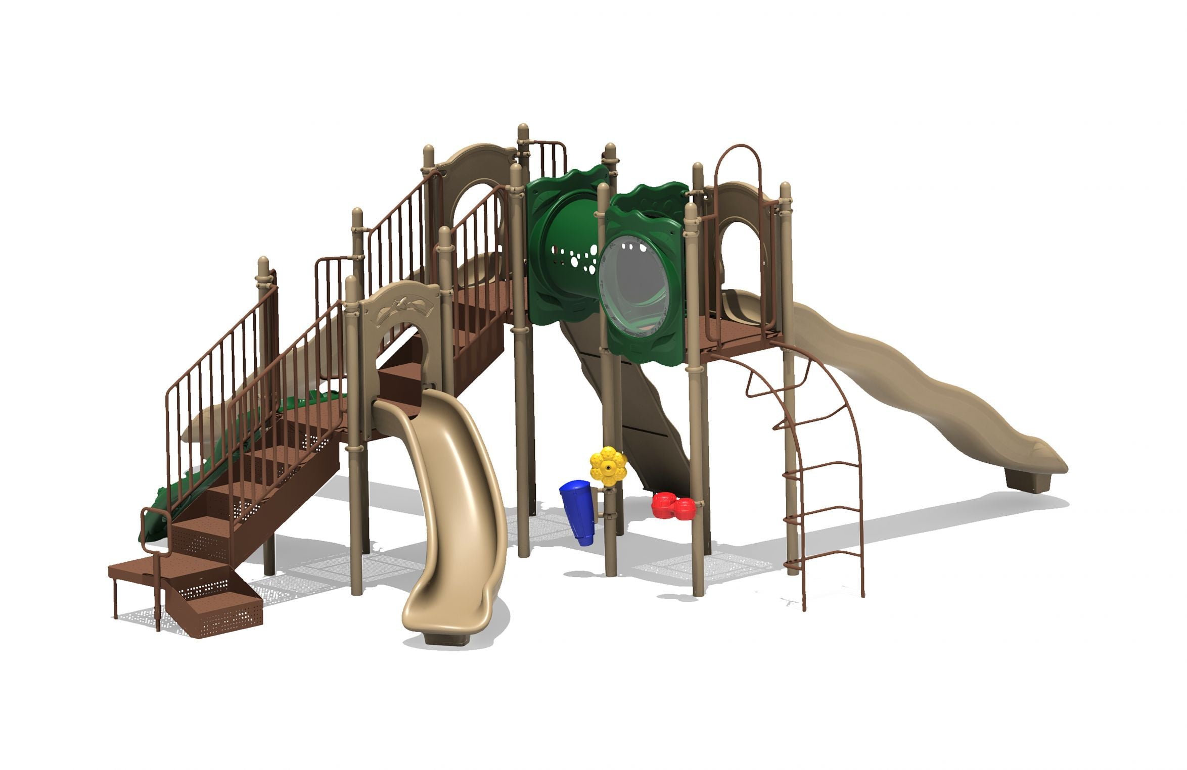 Playground structure with two beige wave slides, brown stairs, green tunnel, climbing ladder, and sensory play panels.