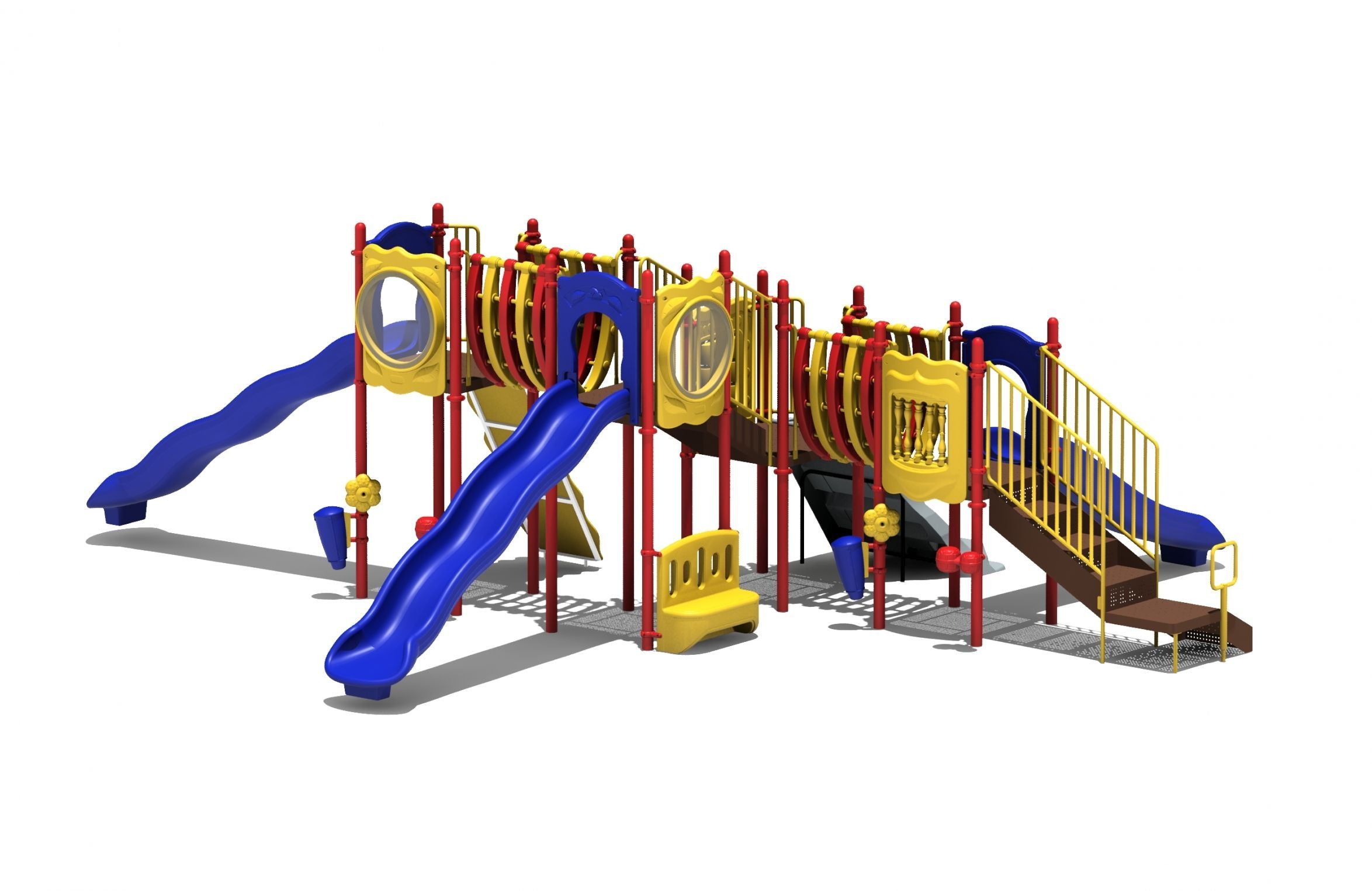 Colorful playground with three blue slides, yellow panels, red posts, multiple climbing structures, and interactive play features.