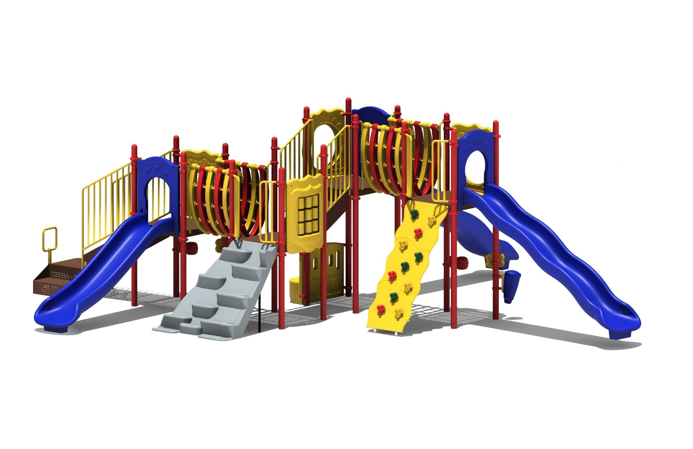 Colorful playground structure with three blue slides, yellow climbing wall, gray steps, and red and yellow railings