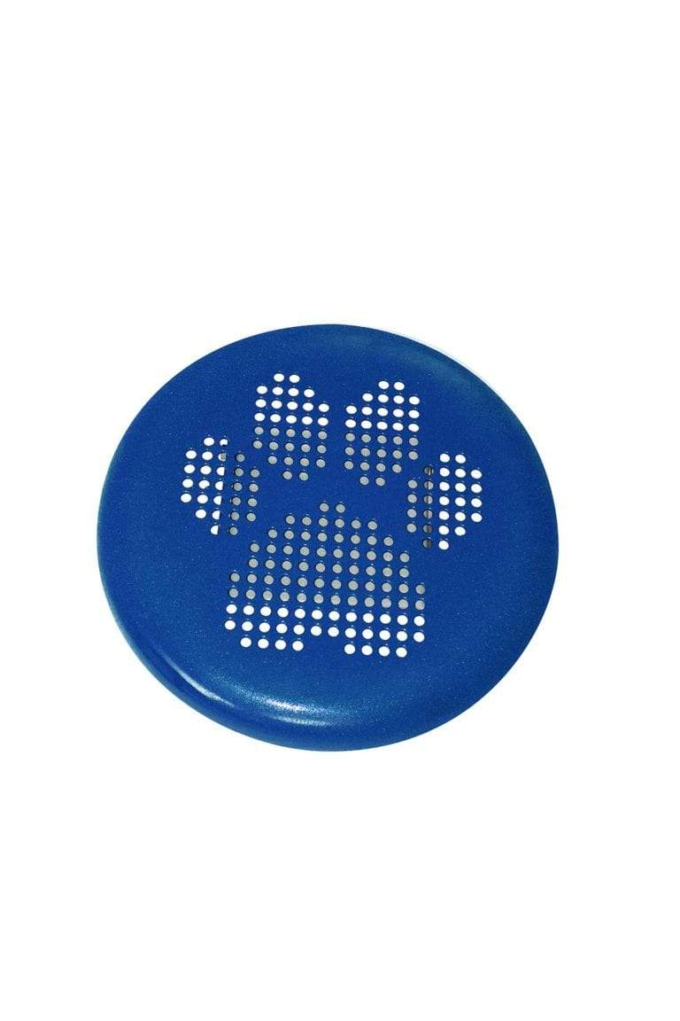 Blue circular dog agility pod with paw print cutouts and slip-resistant textured surface for outdoor exercise