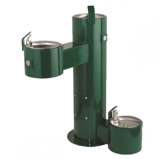 Green steel water fountain with three drinking stations: standard, ADA accessible, and dog-height fountains for dog parks