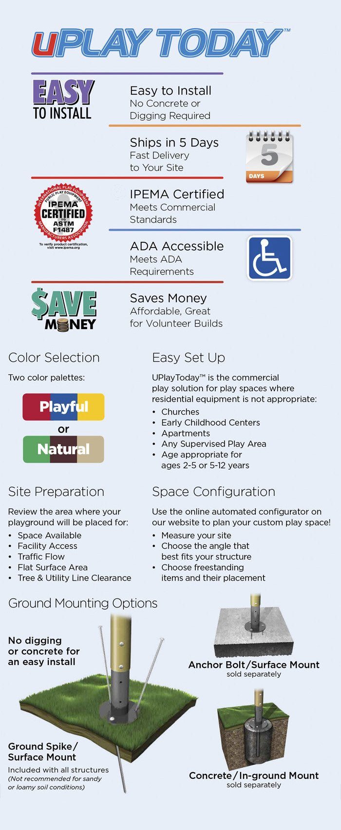 Commercial playground installation options with ground spike, anchor bolt, and concrete mounts shown in grass and soil cross-sections
