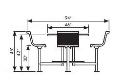 Bar height round table with diamond-patterned top and attached chairs, sturdy metal frame, modern outdoor dining setup.