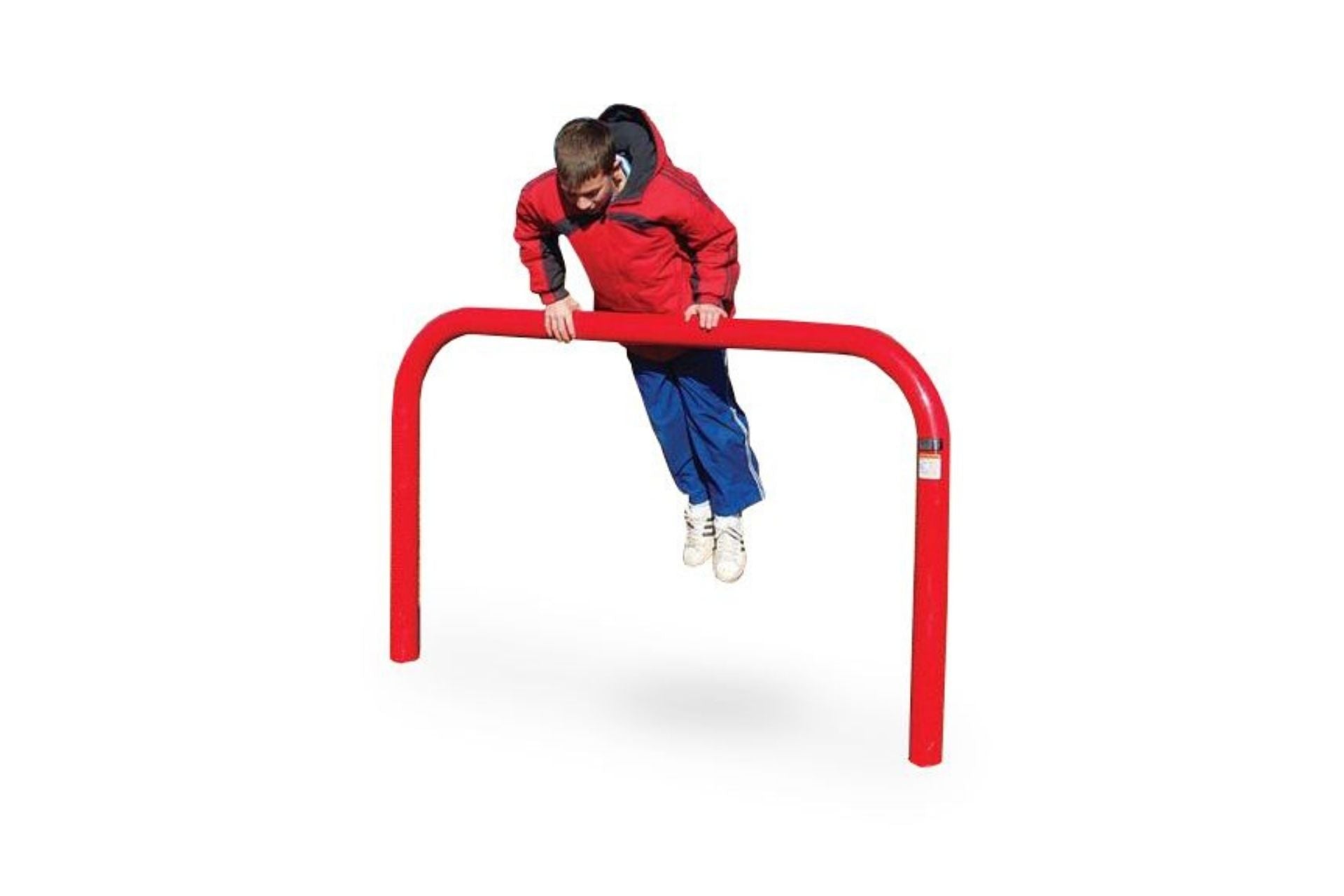 Person in red jacket performing dip on bright red Vault Bar Challenge climbing equipment designed for outdoor fitness and agility training