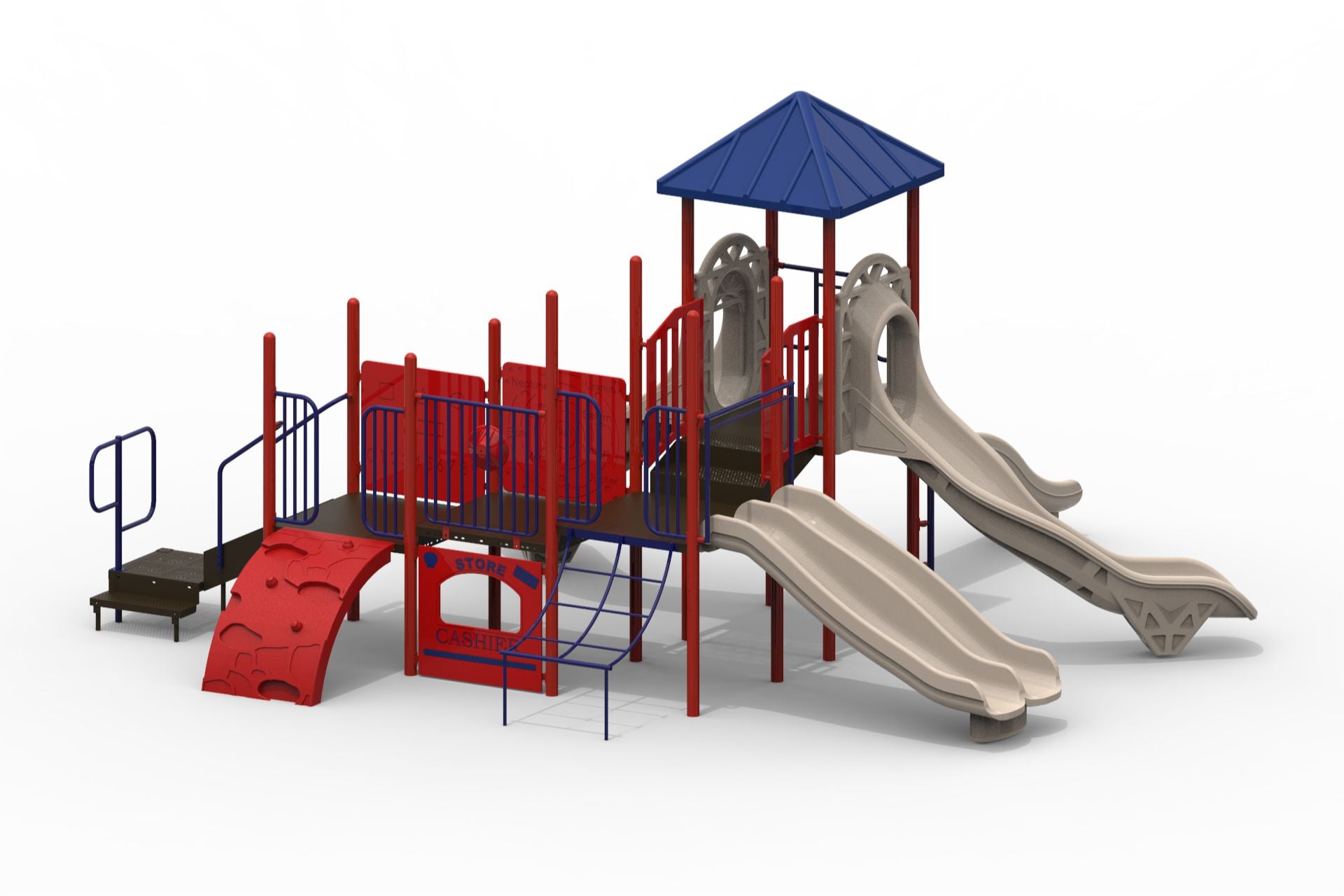 Colorful playground structure with slides, climbing wall, bridge, and interactive play panels in red, blue, and beige.