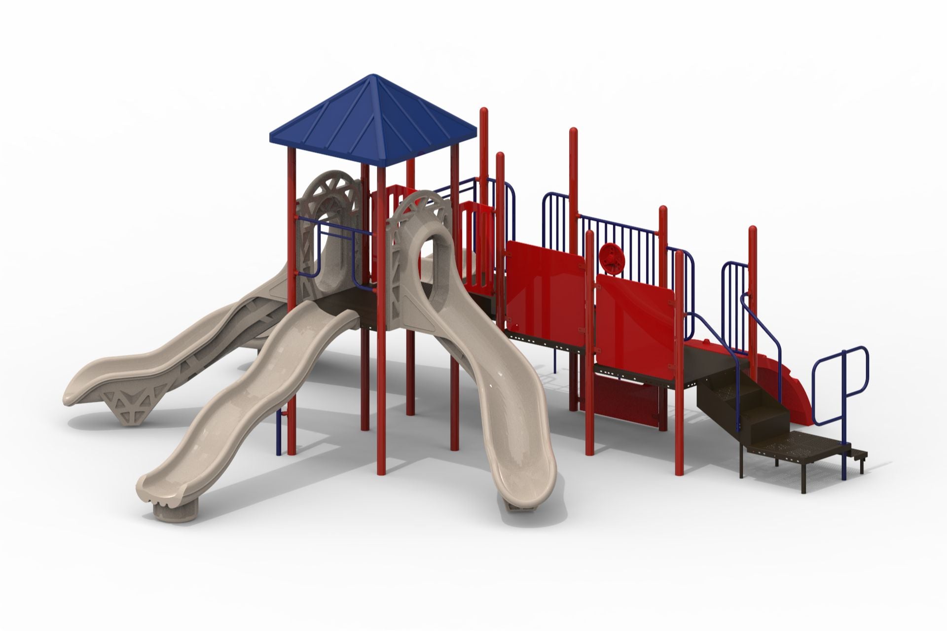 Playground structure with blue roof, red railings, beige curved and wavy slides, stairs, and interactive play panels.