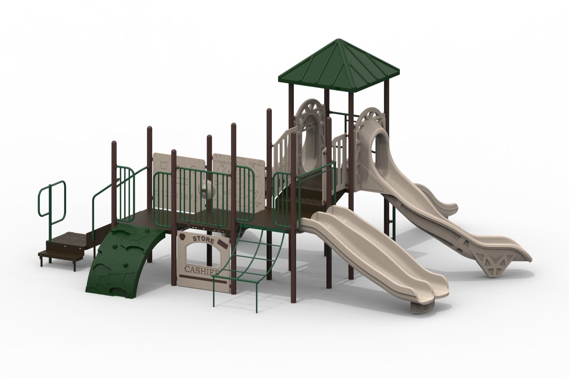 Playground structure with dual slides, climbing wall, net climber, play panels, and green roof canopy