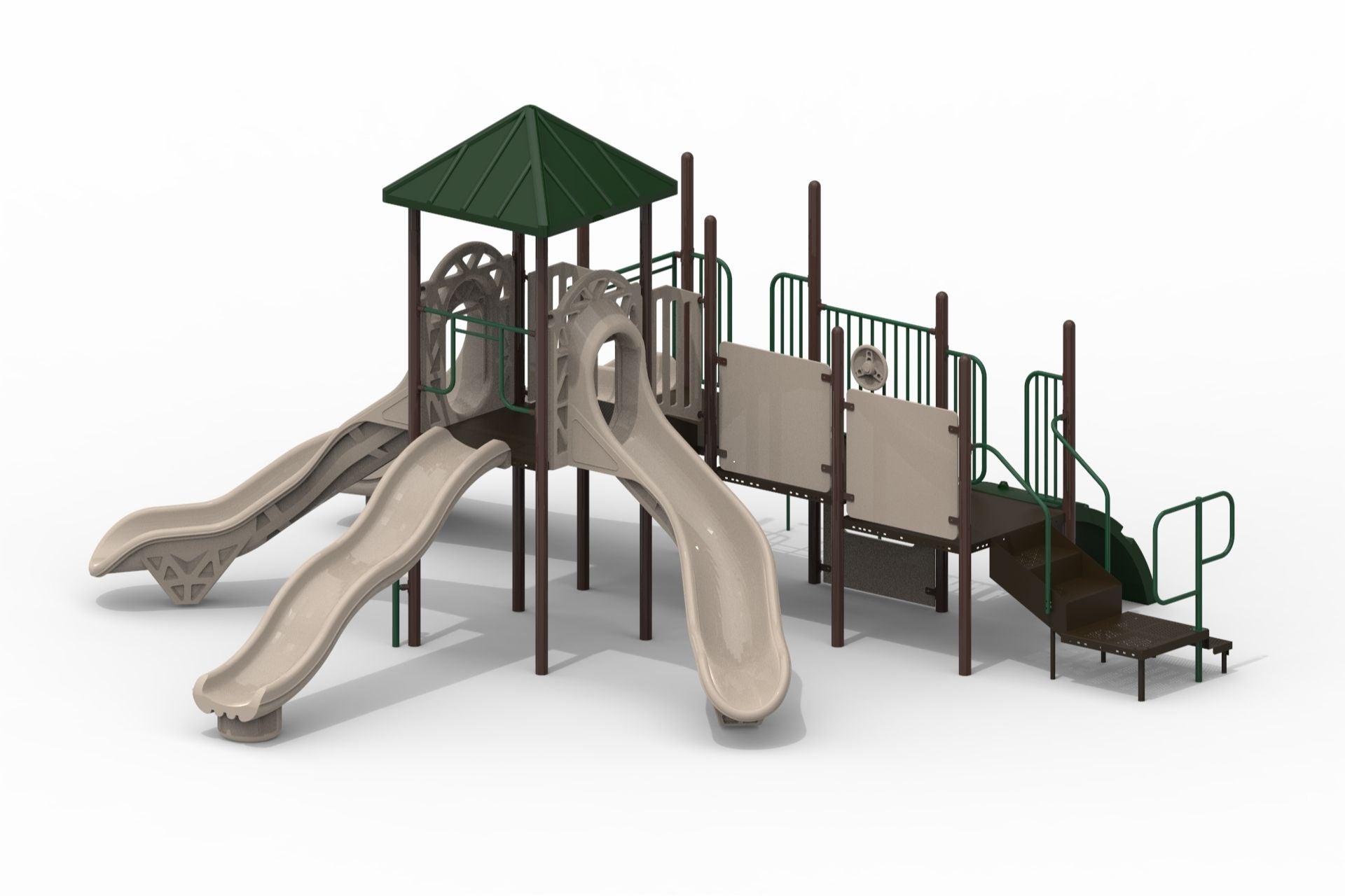 Voyageurs WillyGoat Playground with beige bump wave slide, green roof, climbing nets, and interactive play panels on natural-themed structure