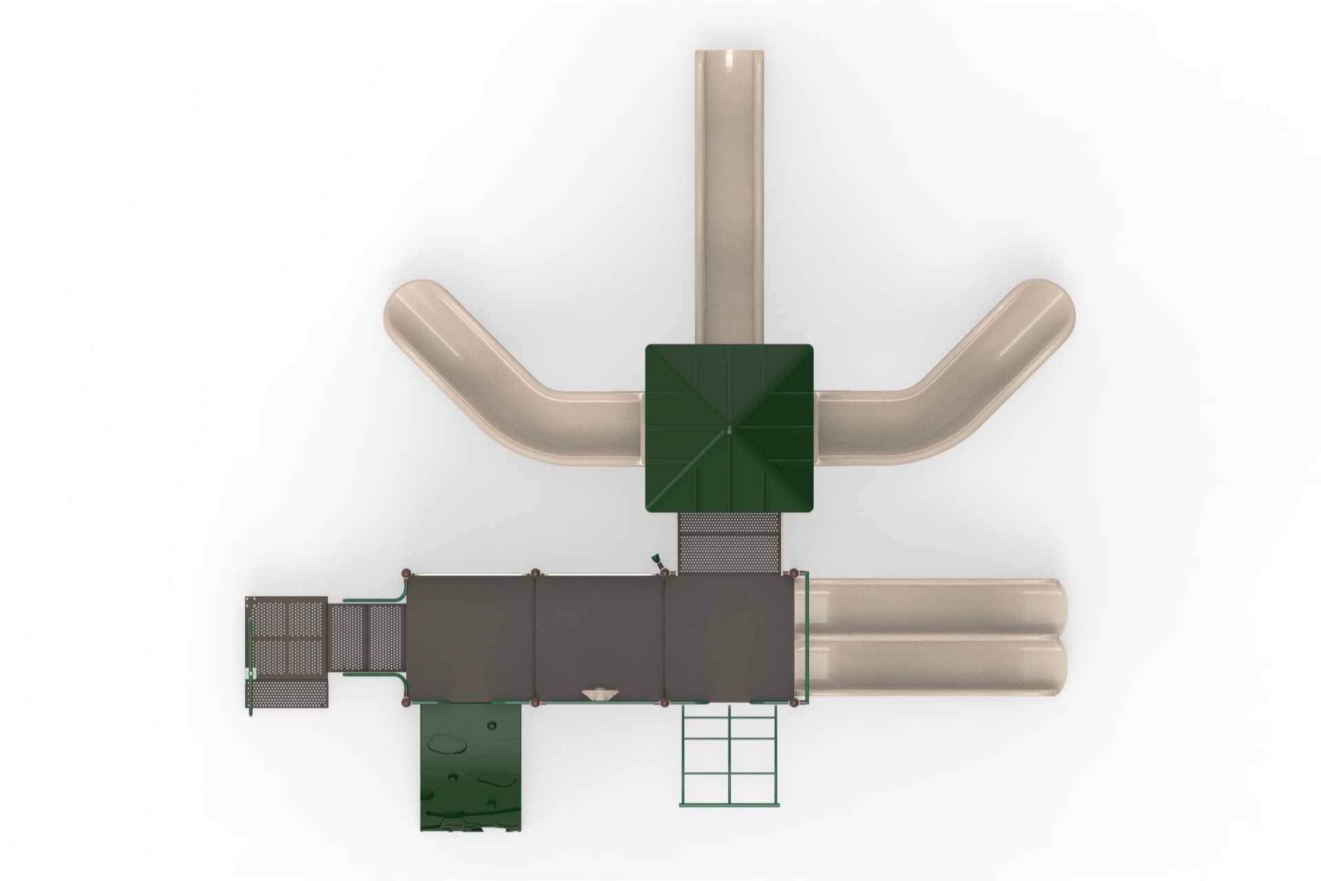 Overhead view of large playground with beige slides, green climbing wall, dark green roof, and multiple play features