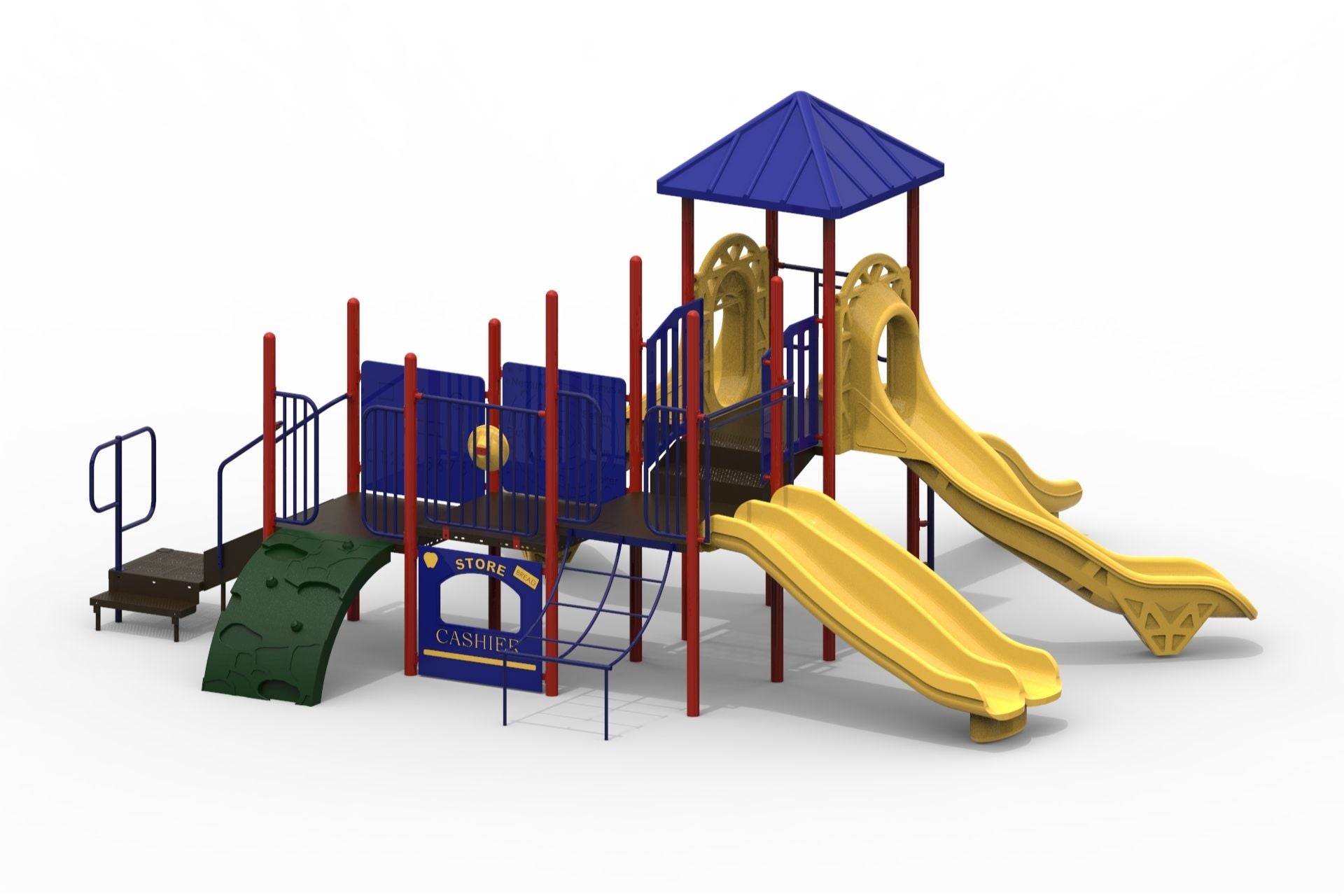 Colorful playground structure with dual yellow slides, climbing wall, play panels, and blue roof canopy