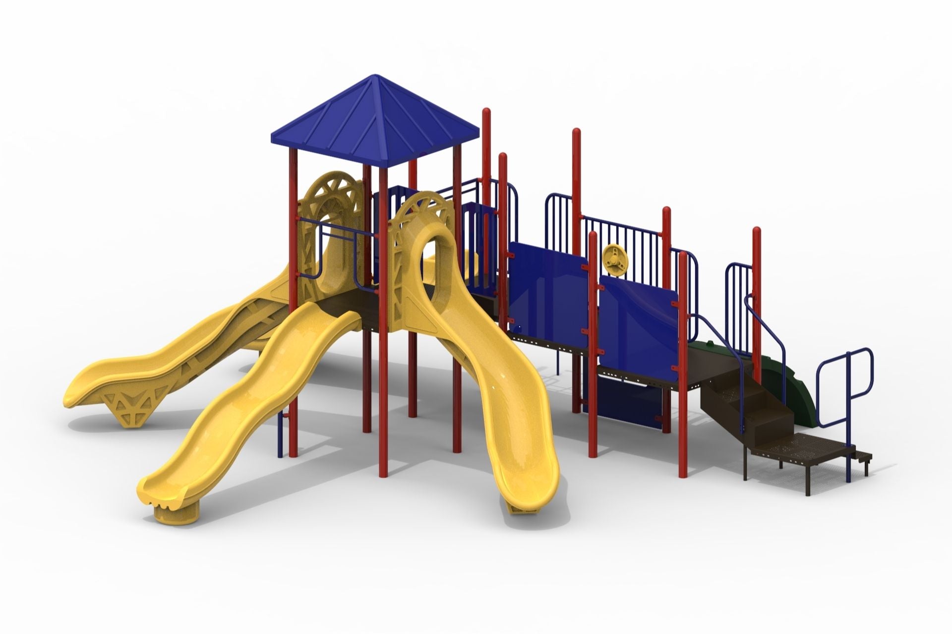 Colorful playground structure with three yellow slides, blue roof and panels, red support poles, and stairs with railings