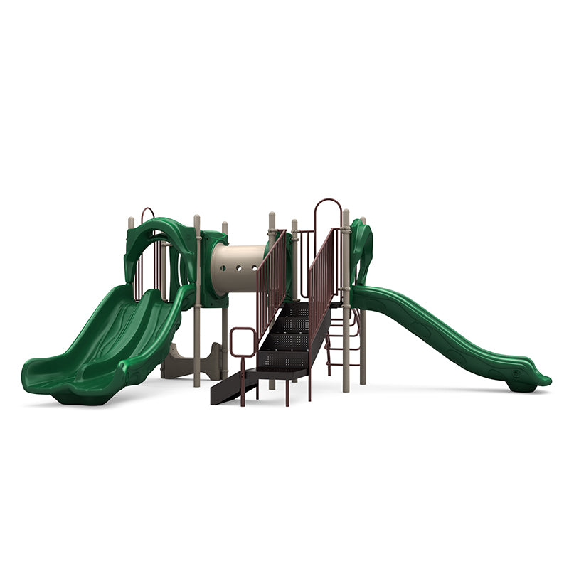 Shinin' Bright Playground with green double and single slides, crawl tunnel, rock climber, and stairs in a neutral outdoor setting