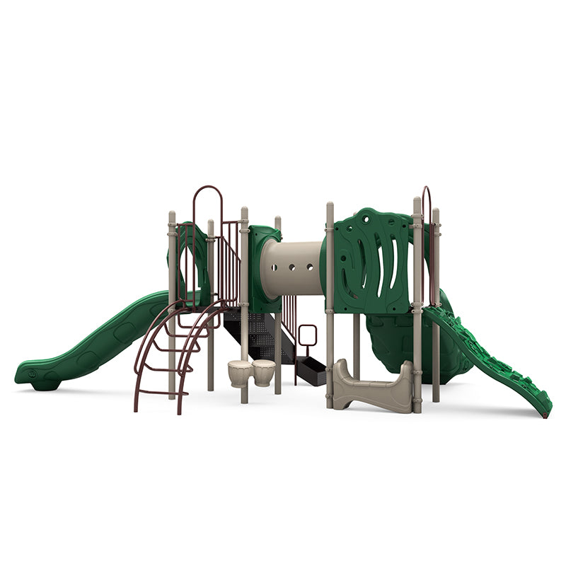 Outdoor playground with double and single slides, rock climber, crawl tunnel, bongo drums, and saddle seat in green and beige colors