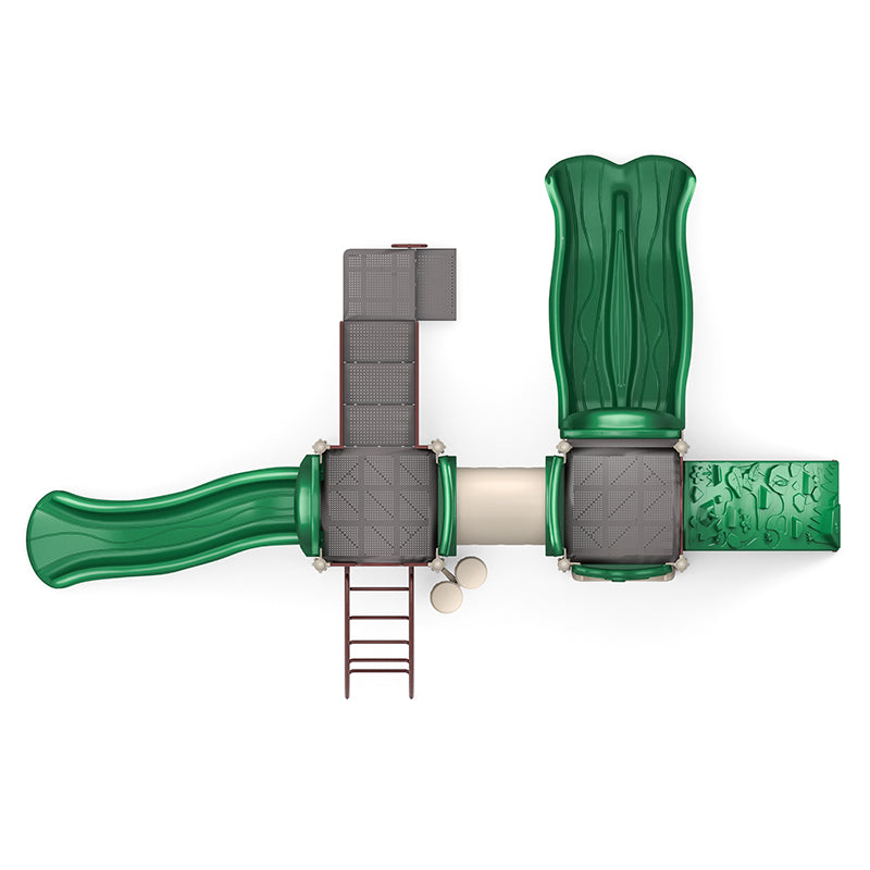 Overhead view of green playground structure with double and single slides, rock climber, crawl tunnel, and bongo drums