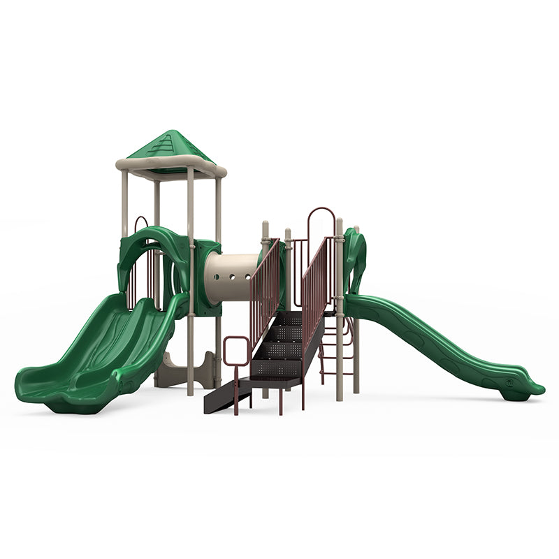 Playground structure with neutral pyramid roof, double and single green slides, crawl tunnel, rock climber, and stairs