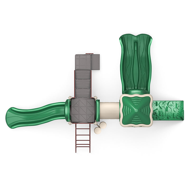 Overhead view of green and beige playground with double and single slides, rock climber, crawl tunnel, and musical bongos