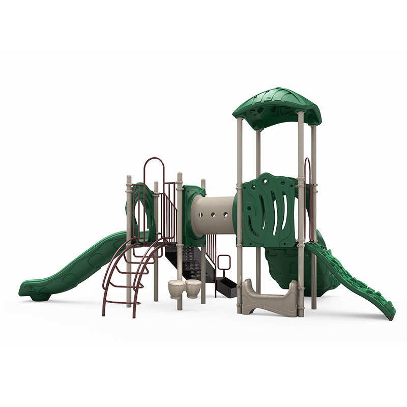 Green and beige playground structure with double and single slides, rock climber, crawl tunnel, musical bongos, and saddle seat