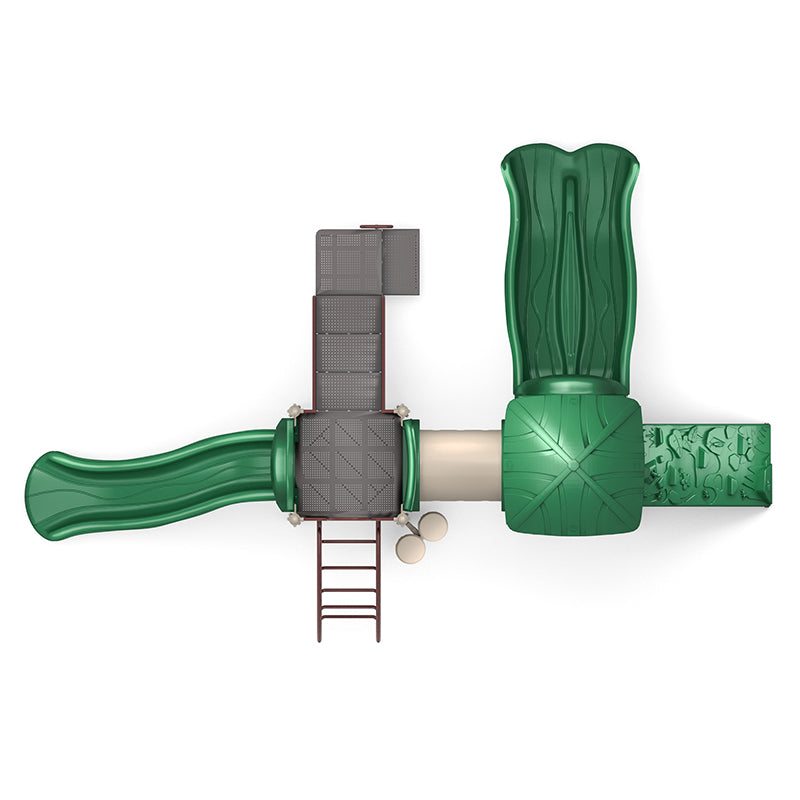 Overhead view of green playground with double and single slides, rock climber, crawl tunnel, and musical bongos