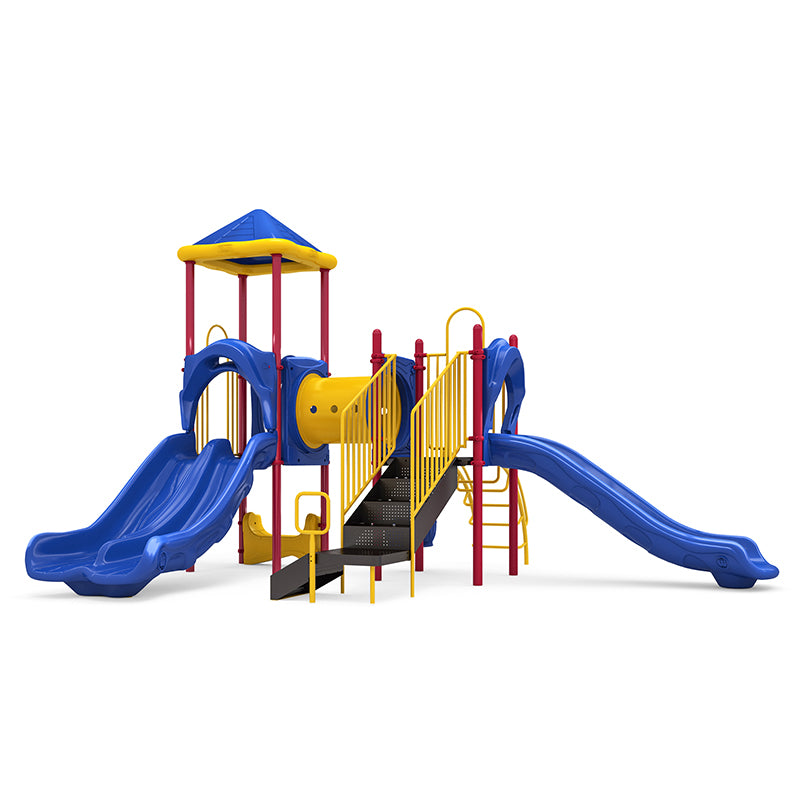 Colorful playground structure with blue slides, yellow tunnel, red posts, and blue pyramid roof