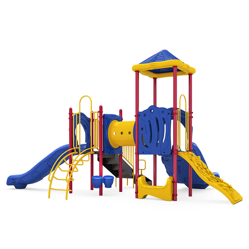 Colorful playground structure with double and single slides, rock climber, crawl tunnel, and musical bongos in blue, yellow, and red.