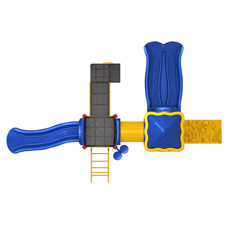 Overhead view of blue and yellow playground with double slides, rock climbing wall, crawl tunnel, ladder, and musical bongo drums