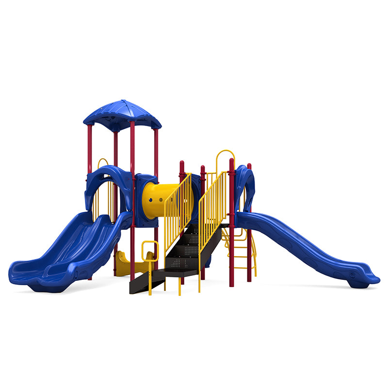 Colorful playground structure with double and single blue slides, yellow crawl tunnel, stairs, and blue leaf-shaped roof