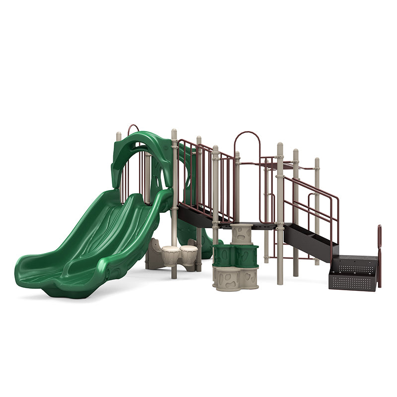 Leafy Time Playground with double green slides, rock climber, challenge ladder, overhead entry ladder, and bongos in neutral tones