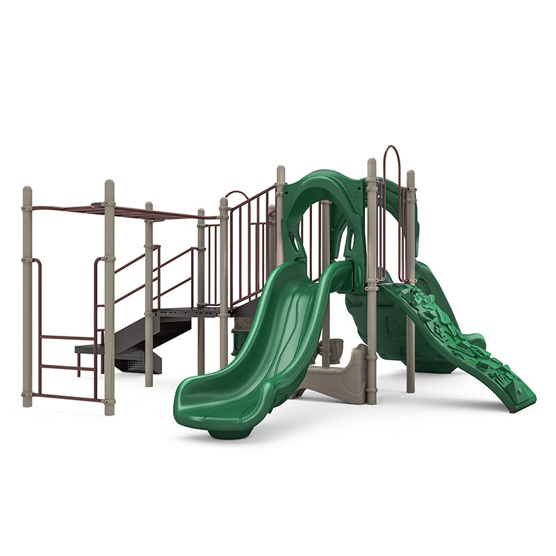 Playground structure with green double slide, rock climbing wall, challenge ladder, overhead entry ladder, and musical bongos.