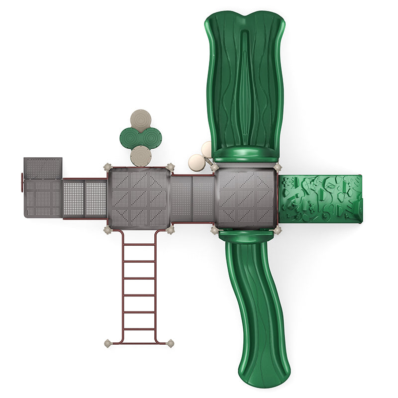 Overhead view of green and brown playground with single and double slides, climbing wall, ladders, and musical bongos