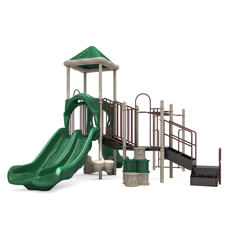 Outdoor playground with green double slides, pyramid roof, climbing ladder, bongos, and elevated platform with railings.