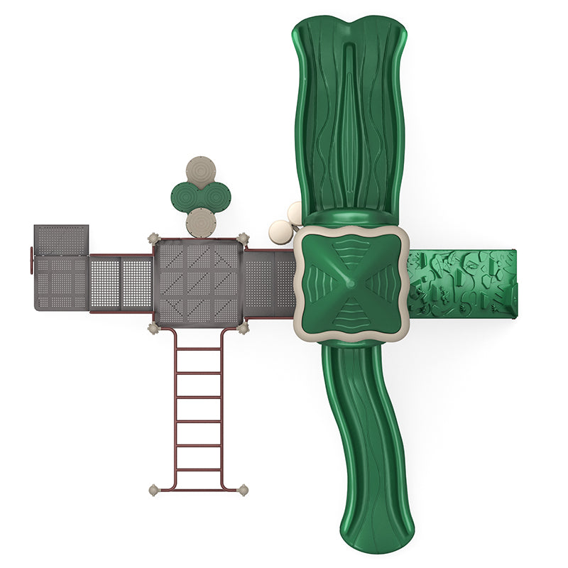 Overhead view of green and beige playground with single and double slides, climbing wall, ladders, and musical bongos