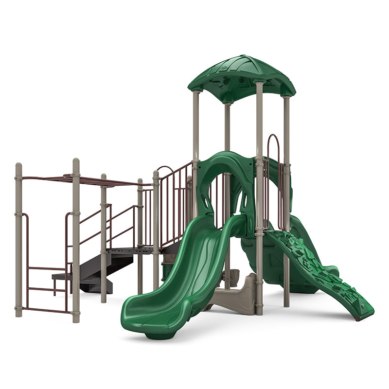 Green and brown playground structure with single and double slides, climbing wall, ladder, overhead canopy, and musical bongos