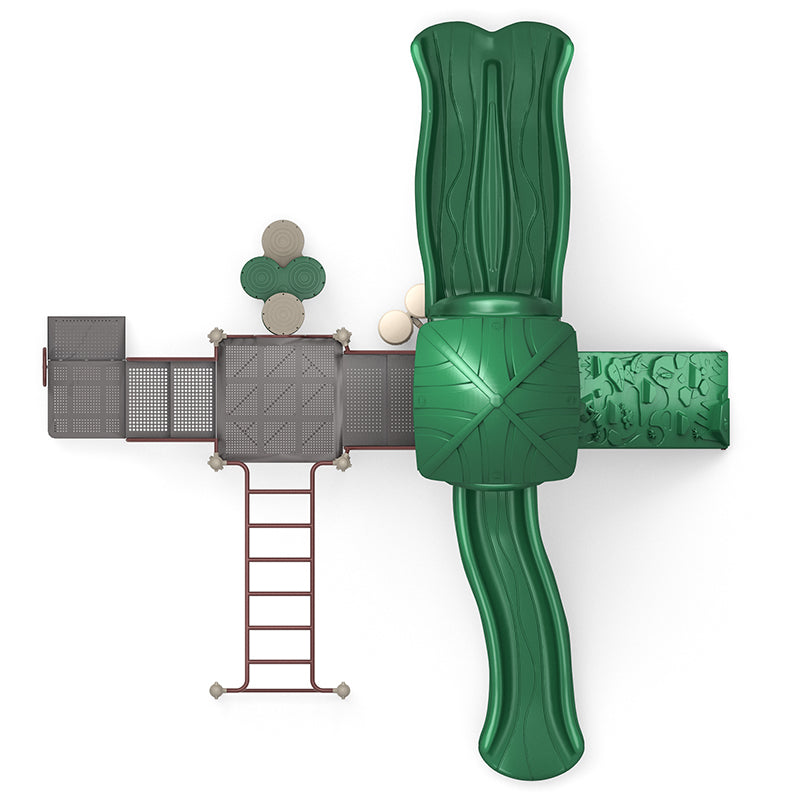 Overhead view of green leafy-themed playground with single and double slides, rock climber, ladders, and musical bongos