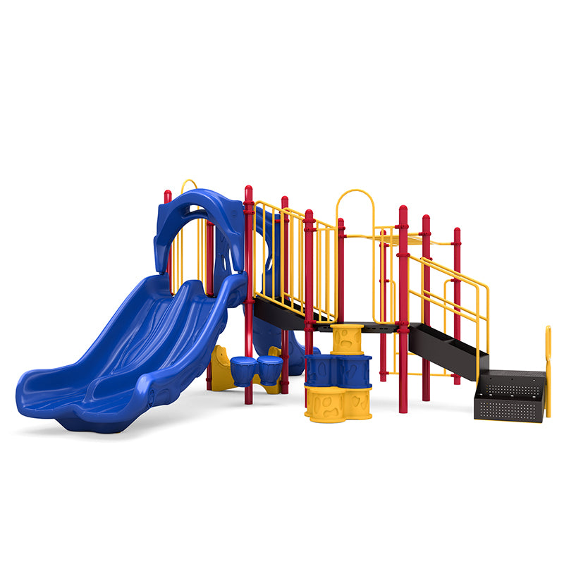 Colorful playground structure with double blue slides, yellow railings, red posts, climbing features, and musical bongos.