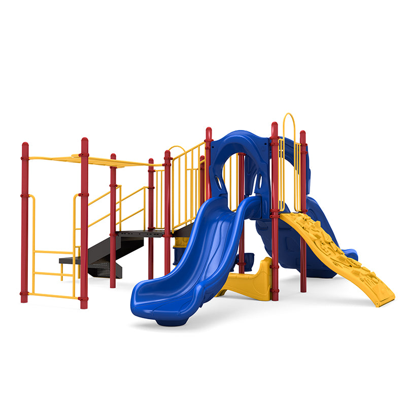 Colorful playground structure with blue and double slides, yellow climbing wall, red and yellow support bars, challenge ladder, and musical bongos.