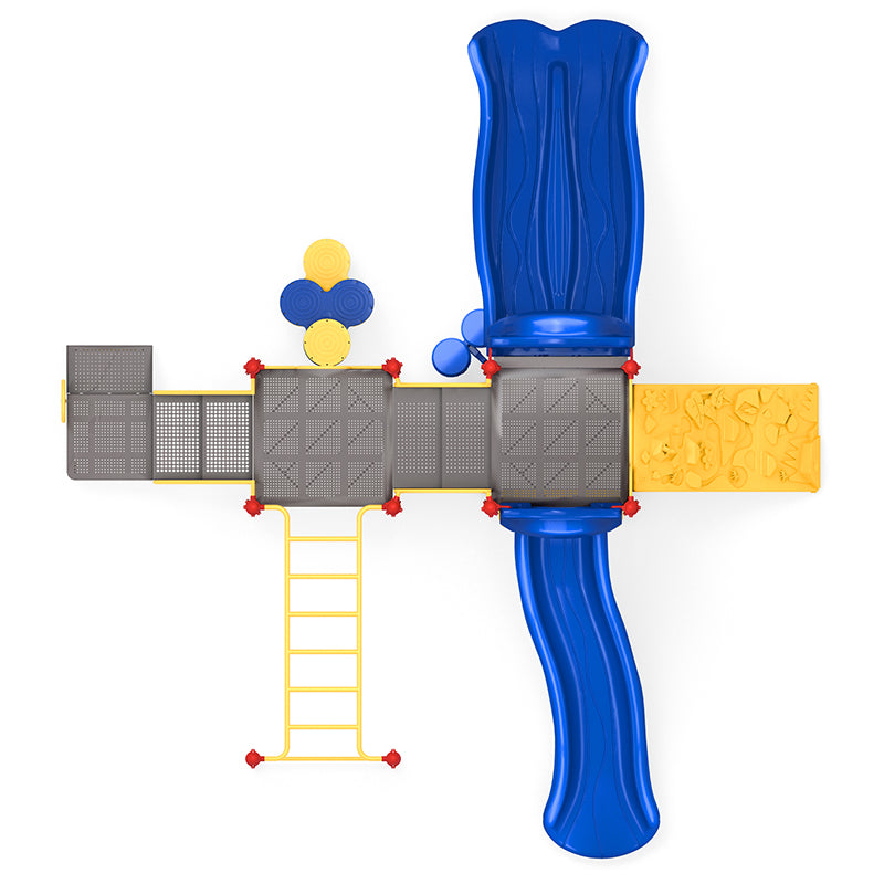 Overhead view of colorful playground with blue slides, yellow climbing wall, ladder, and musical bongos