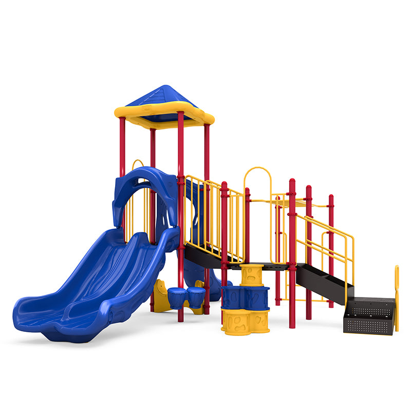 Colorful playground structure with dual blue slides, yellow railings, red posts, climbing features, and musical bongos