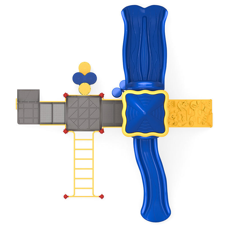 Overhead view of colorful playground with blue slides, yellow climbing ladder, rock climber, and musical bongos