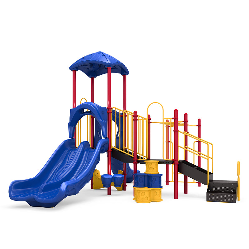 Colorful playground with dual blue slides, yellow railings, red posts, musical bongos, rock climber, and leaf-shaped roof.