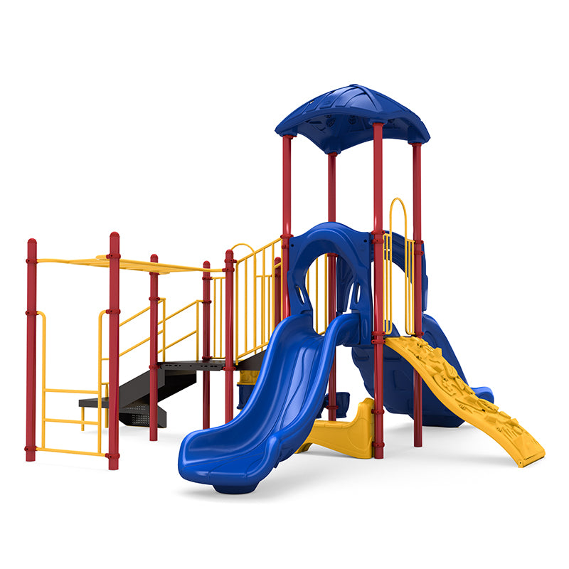 Colorful playground structure with blue double slide, yellow climbing wall, red support poles, overhead canopy, and musical bongos.