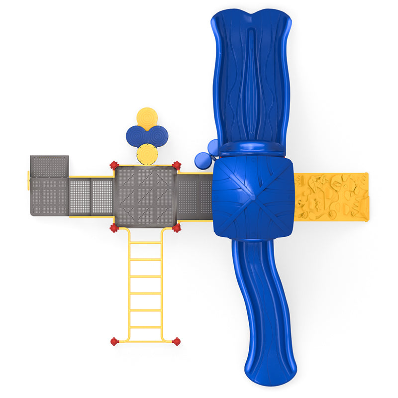 Overhead view of colorful playground with blue slides, yellow climbing ladder, rock wall, and musical bongos