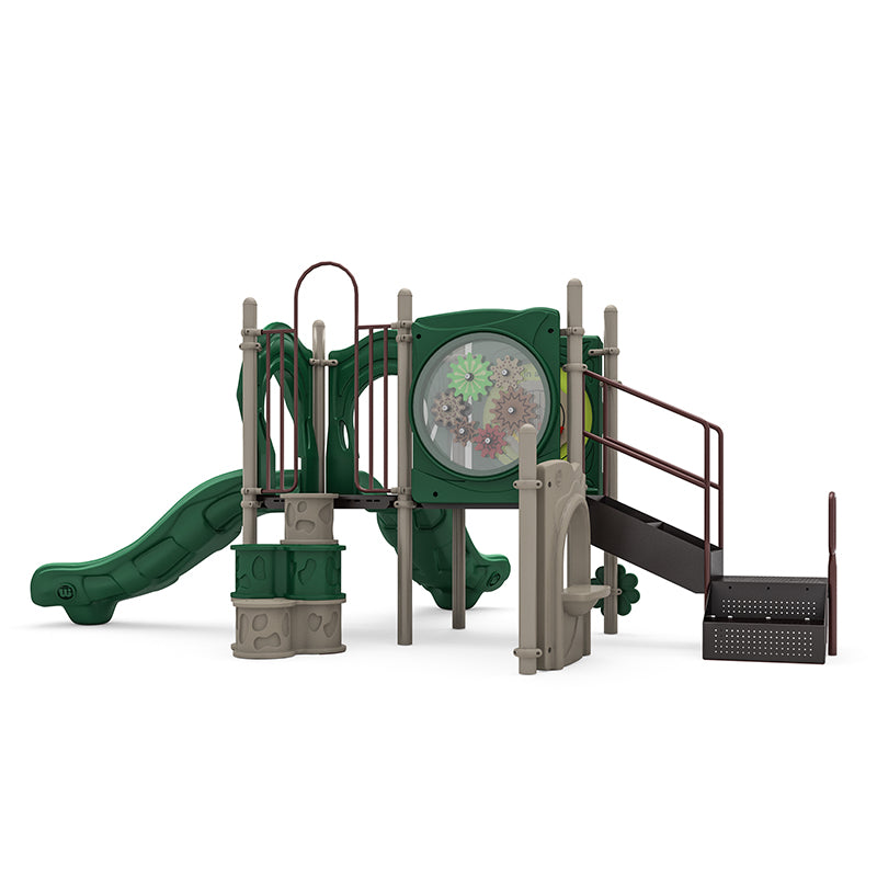 Compact playground structure with two green straight slides, stairs with handrails, ADA transfer station, and interactive gear panel.
