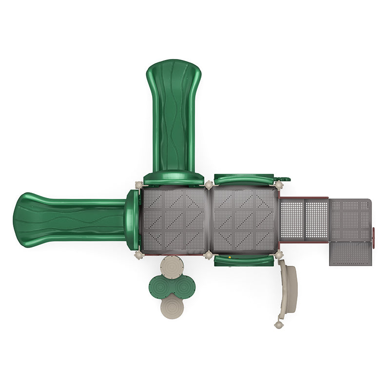 Overhead view of green and gray playground structure with two straight slides, climbing trunk, stairs, ADA transfer station, and activity panels