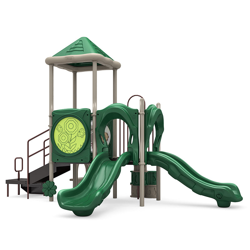 Green and beige playground structure with pyramid roof, two straight slides, stairs, trunk climber, and interactive panels for children