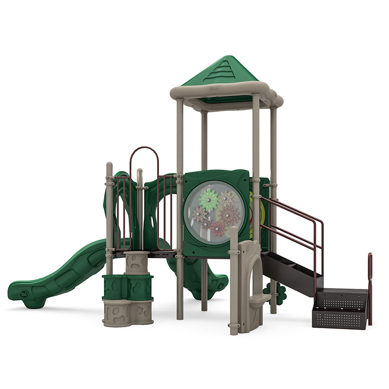 Compact playground structure with green roof, two straight slides, stairs, ADA transfer station, and interactive gear panel.