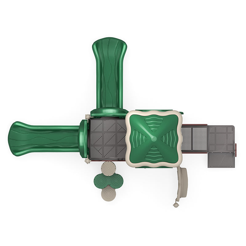 Overhead view of green and beige playground structure with two straight slides, climbing trunk, shaded platform, and ground-level play panels
