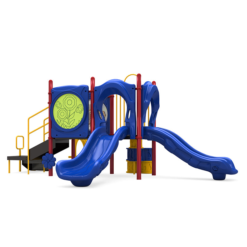 Colorful children's playground with two blue slides, climbing stairs, flower panel, rain wheel, and ADA transfer station.