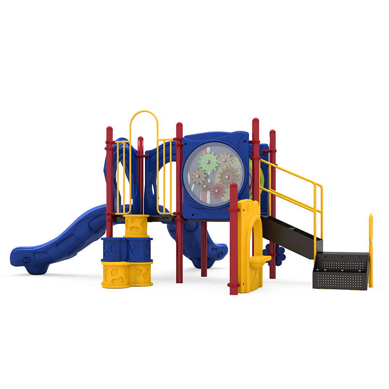 Colorful children's playground with two blue straight slides, yellow climbing elements, red posts, and interactive gear panel at ground level