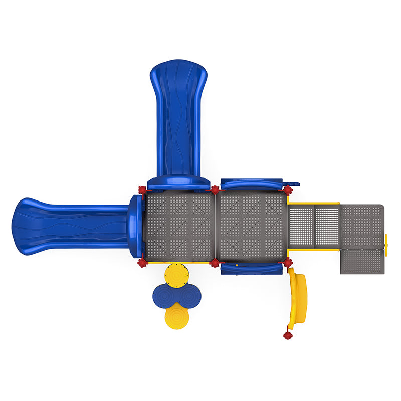 Overhead view of playground structure with two blue straight slides, platforms, stairs, yellow play panels, and ADA transfer station